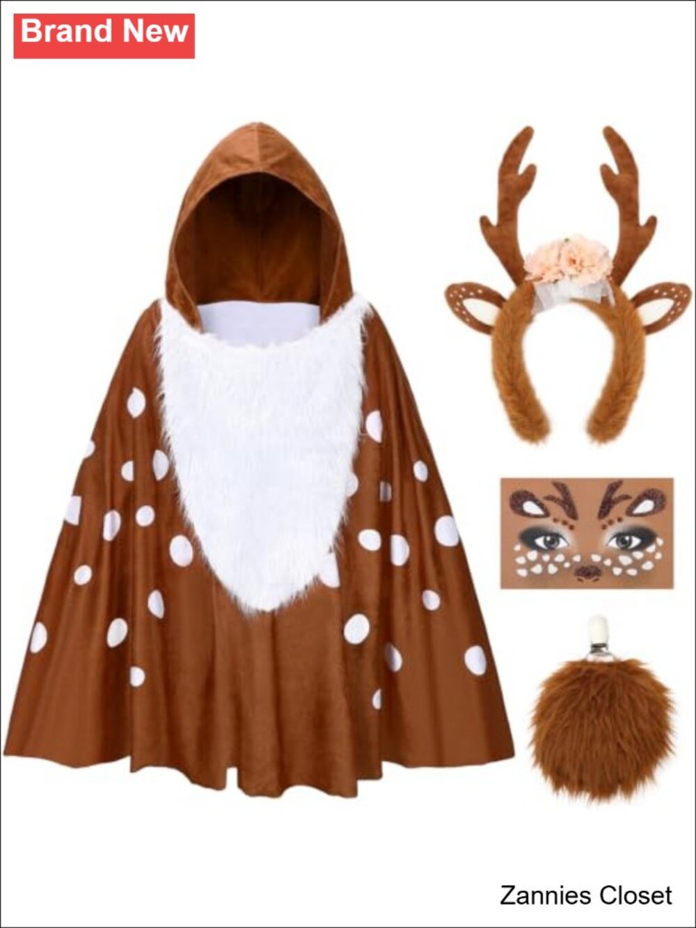 👻 Deer Costume Set Halloween Reindeer Poncho Antler Headband Fluffy Tail